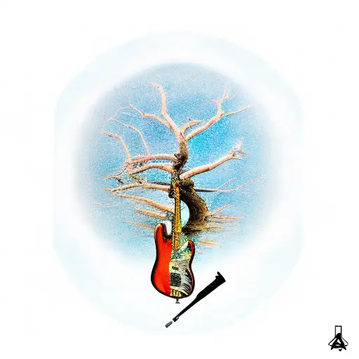 dead tree with a bass guitar in space tattoo design idea