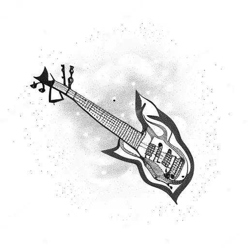 dead tree with a bass guitar in space tattoo design idea