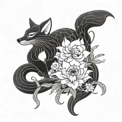 spiderlily with small fox in japanese style tattoo design idea