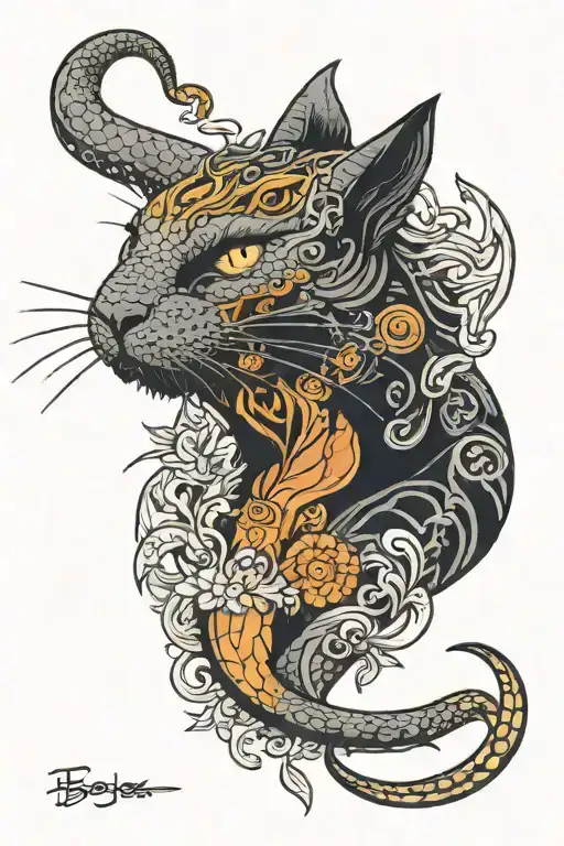black cat with a bearded dragon on its head tattoo design idea