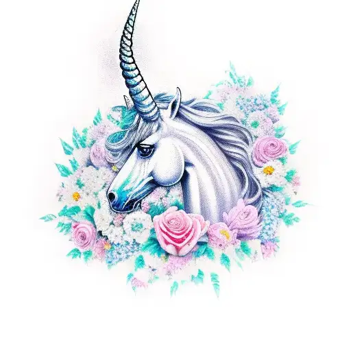 A realistic portrait of a majestic unicorn surrounded by flowers tattoo design idea