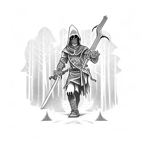 Grim reaper holding a sword and shield, surrounded by a forest of dead trees tattoo design idea
