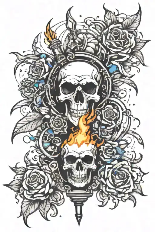 a neo traditional style tattoo featuring a torch and skull inspired by gothic architecture and punk rock music  tattoo design idea