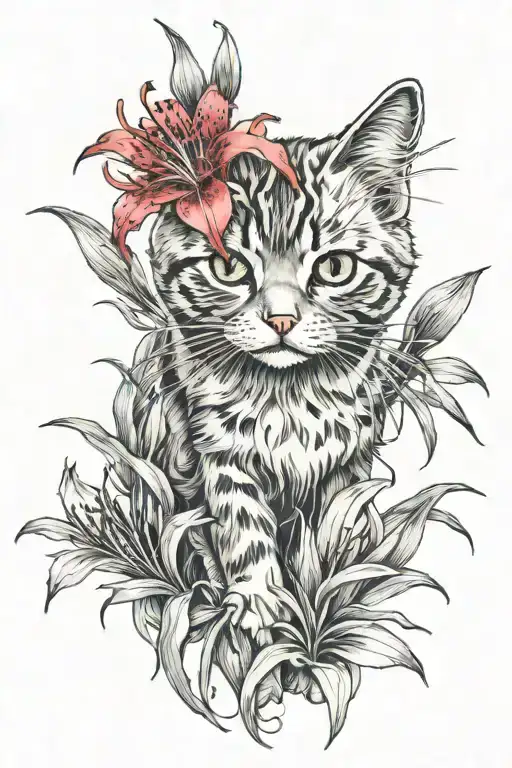 red spider lily with small cute cat tattoo design idea