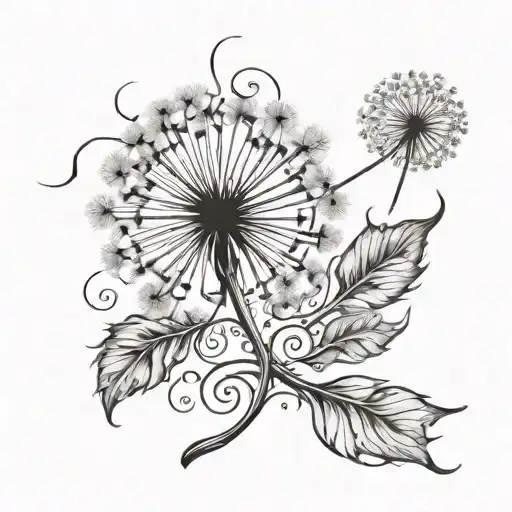 a tattoo design of a dandelion blowing in the wind with the name Cora Mary inscribed in a swirling font  tattoo design idea
