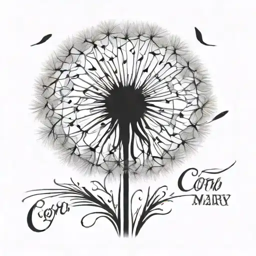 a tattoo of a dandelion blowing in the wind with the name Cora Mary inscribed in a swirling font  tattoo design idea
