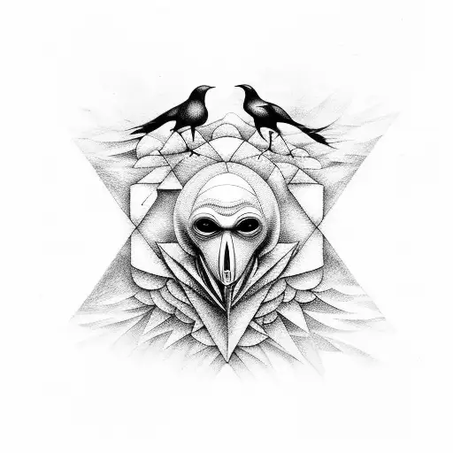 A surreal composition of swords morphing into crows, with a nod to Tim Burton's dark and whimsical style, in a dotwork technique tattoo design idea