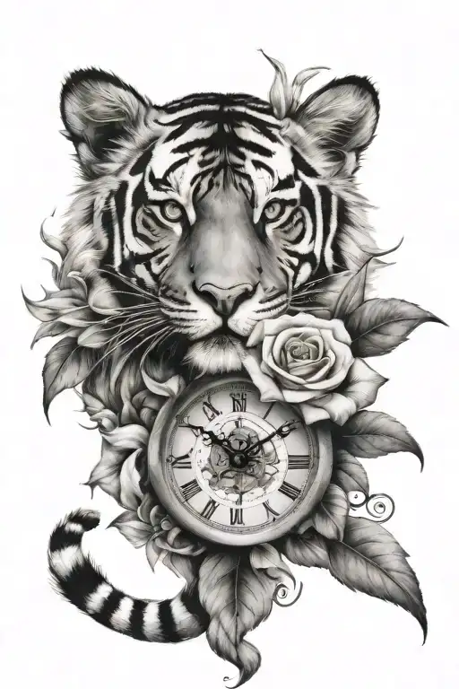 catteya flower and tiger with time clock beneath.  tattoo design idea
