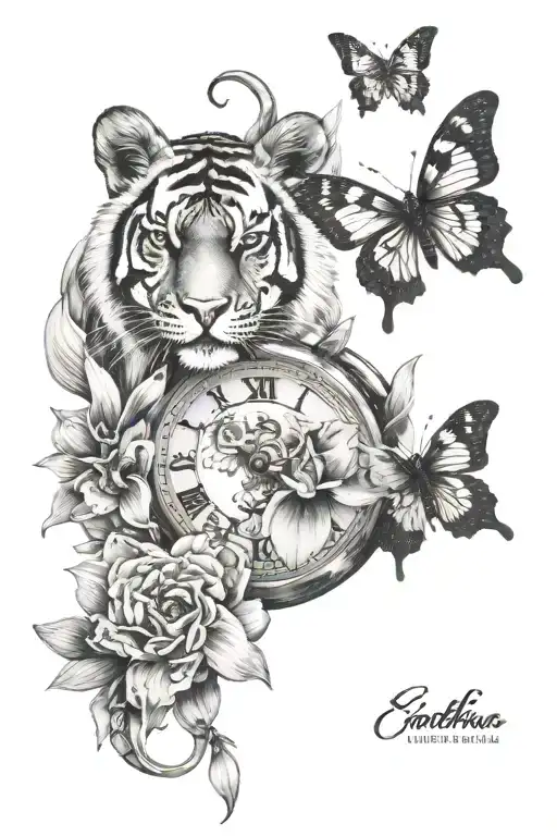 tiger with buttflies in front and cattleya flowers around it. heart time clock beneath with cattleya flowers butterflies tattoo design idea