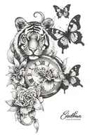 tiger with buttflies in front and cattleya flowers around it. heart time clock beneath with cattleya flowers butterflies tattoo design idea
