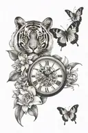 tiger with buttflies in front and cattleya flowers around it. heart time clock beneath with cattleya flowers butterflies tattoo design idea