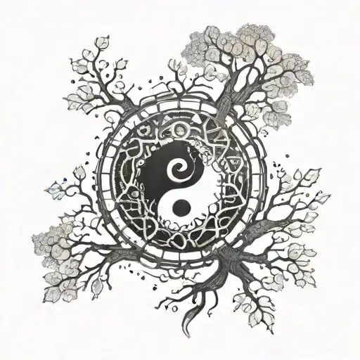 An intricate design incorporating philosophical symbols such as the yin yang and the tree of knowledge, with motivational quotes integrated throughout tattoo design idea
