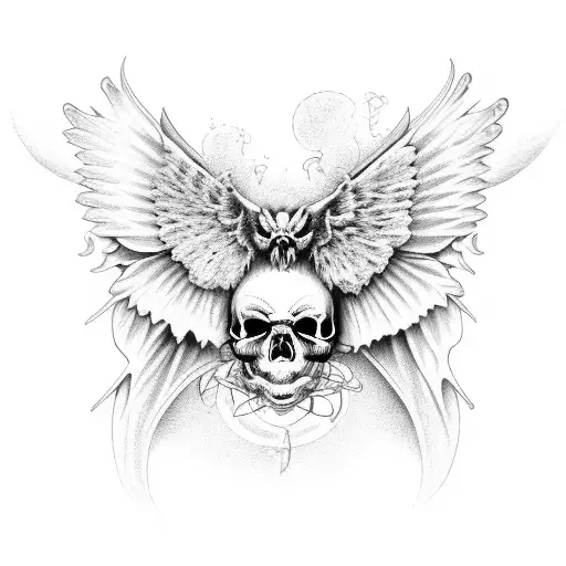 Gothic cathedral, seraphim with eyes, moth, skull, in blackwork style tattoo design idea