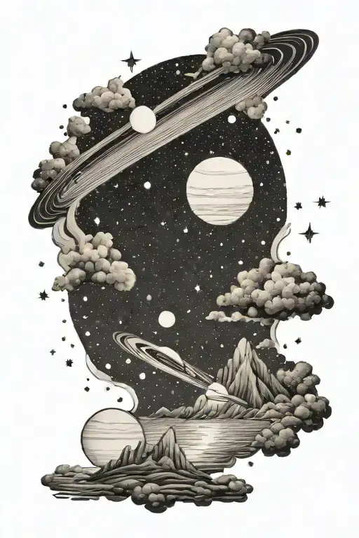A celestial beach scene with stars and Saturn in the background tattoo design idea