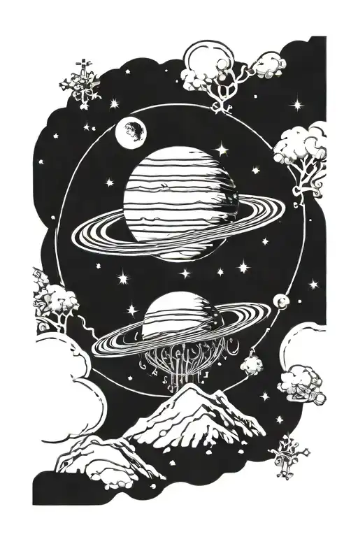 Saturn surrounded by winter-themed elements like snowflakes and the moon tattoo design idea