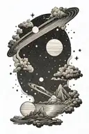 A celestial beach scene with stars and Saturn in the background tattoo design idea