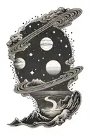 A celestial beach scene with stars and Saturn in the background tattoo design idea