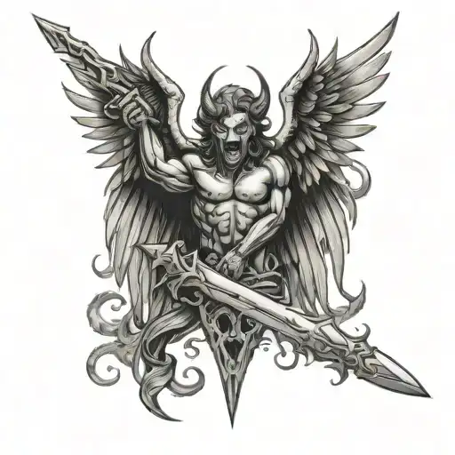 Demon daggers from Lucifer with angel wings spread wide tattoo design idea