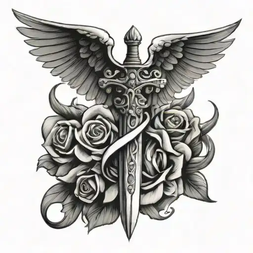 curved daggers with angel wings tattoo design idea