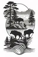 water, trees, wolf, bison, landscape tattoo featuring tattoo design idea