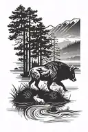 water, trees, wolf, bison, landscape tattoo featuring tattoo design idea