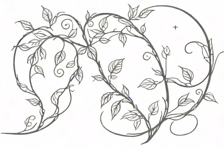 long thin vine of vines with leaves and thorns, with a crescent moon at the top of the vine tattoo design idea