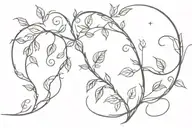 long thin vine of vines with leaves and thorns, with a crescent moon at the top of the vine tattoo design idea