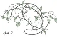 long thin vine of vines with leaves and thorns, with a crescent moon at the top of the vine tattoo design idea