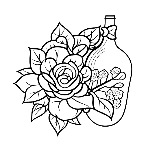 wine bottle with hydrangeas  tattoo design idea