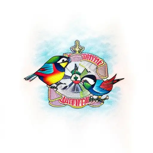 patchwork on my arm of two birds representing my parents anniversary  tattoo design idea