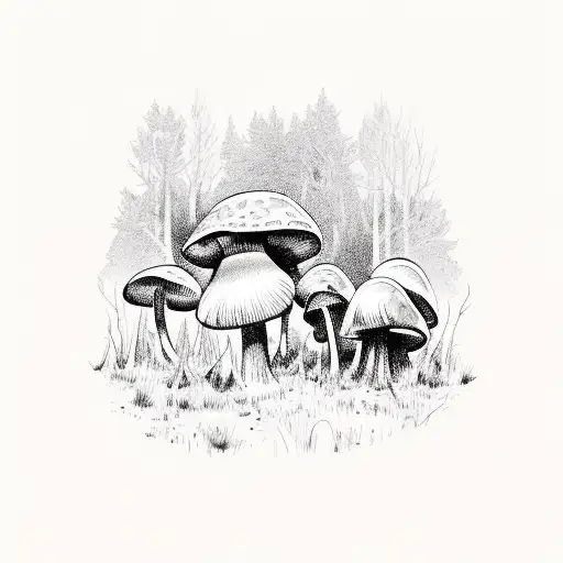 A hunting scene with a hunter wearing a mushroom-inspired camouflage tattoo design idea