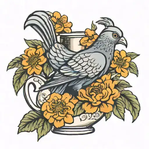 pitcher of worship, dirty Bird Pigeon, marigolds tattoo design idea