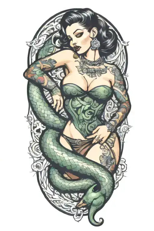 pinup girl with a snake curling around her strategically covering her eroginous zones tattoo design idea