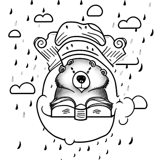 A tattoo of a bear reading a book under a rain cloud tattoo design idea