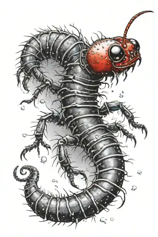 Draw me a red tattoo of a centipede crawling through a field of delicate snowflakes. tattoo design idea