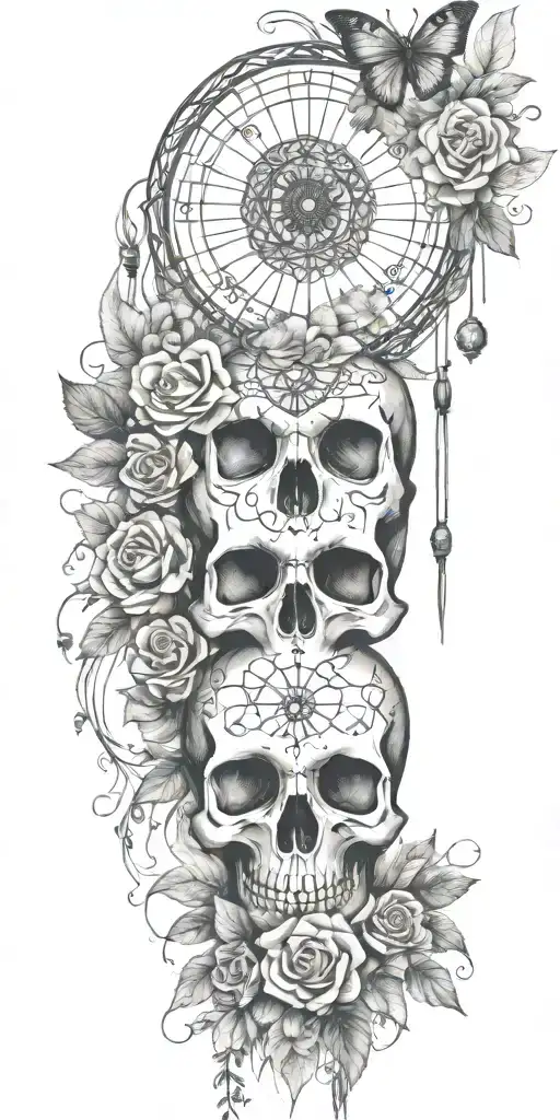 skull roses flowers queen Anne's lace dream catcher hour glass lake  firework trees butterfly lily tears   tattoo design idea