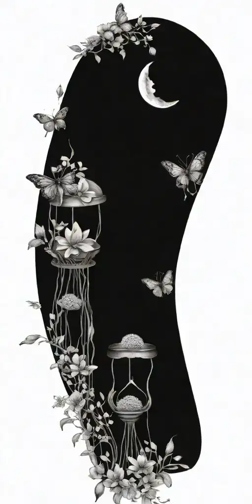 An hourglass moon dream catcher filled with lilies and butterflies Queen Anne's lace  nature tattoo design idea