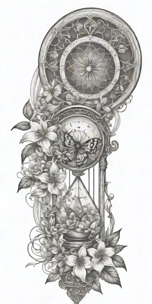 An hourglass moon dream catcher filled with lilies and butterflies Queen Anne's lace  nature tattoo design idea