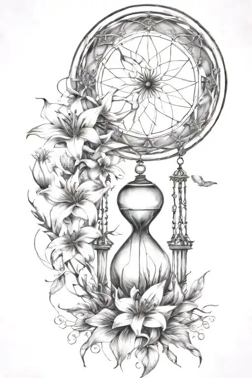 hourglass moon dream catcher  lilies and butterflies. Queen Anne's lace flower music  nature tears broken depressed tattoo design idea