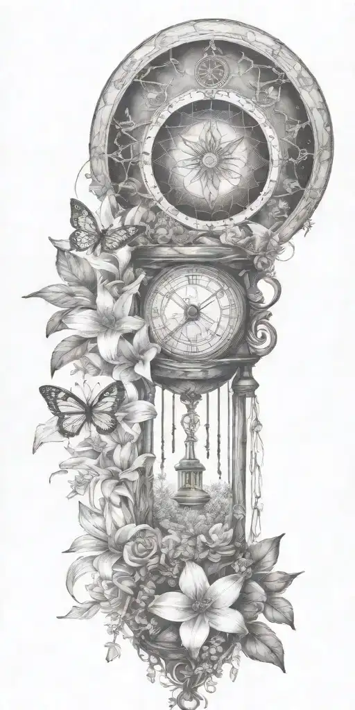 An hourglass moon dream catcher filled with lilies and butterflies Queen Anne's lace  nature tattoo design idea