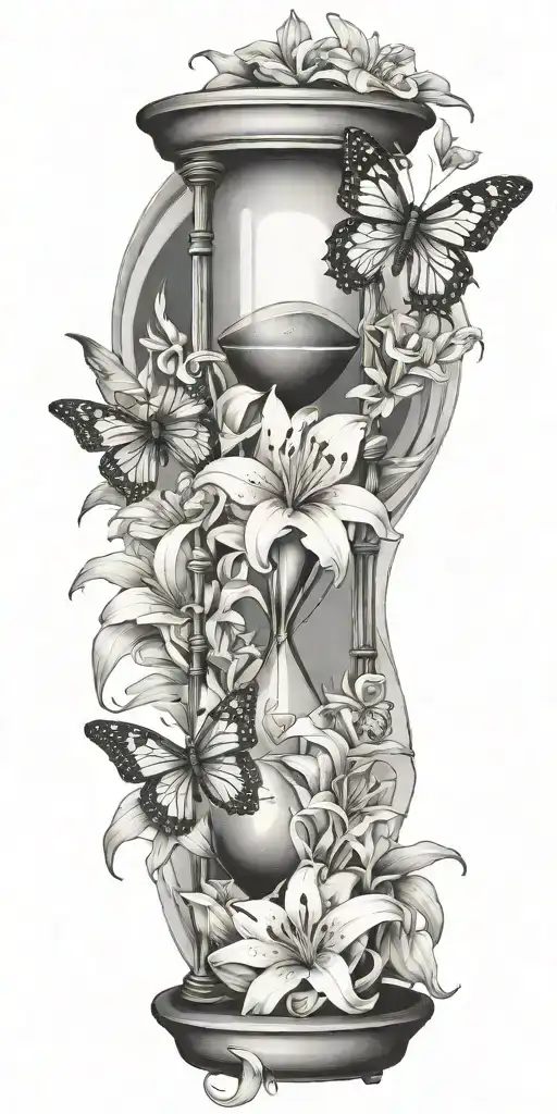An hourglass filled with lilies and butterflies tattoo design idea