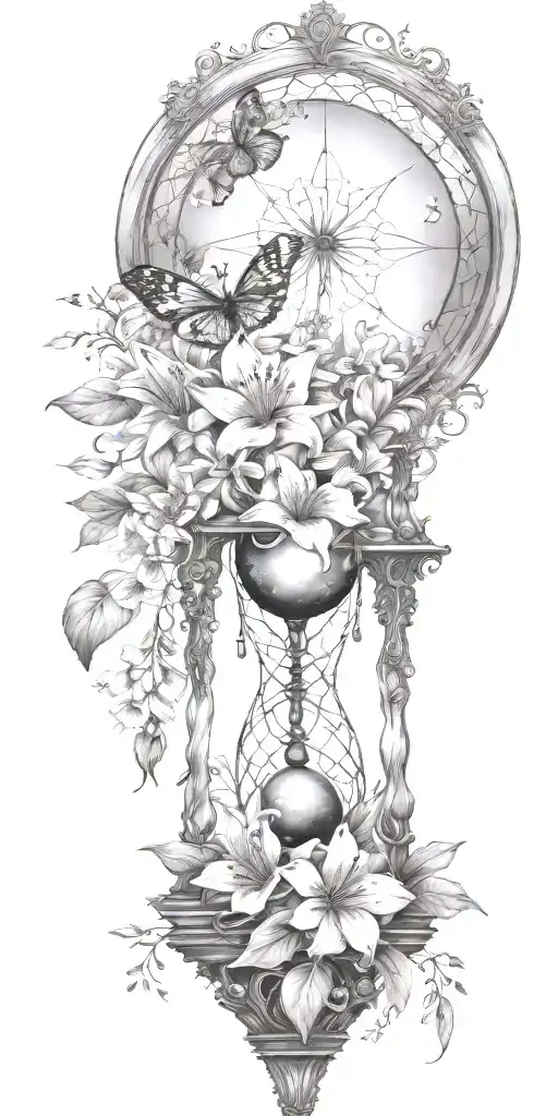 An hourglass moon dream catcher filled with lilies and butterflies Queen Anne's lace  nature tears tattoo design idea