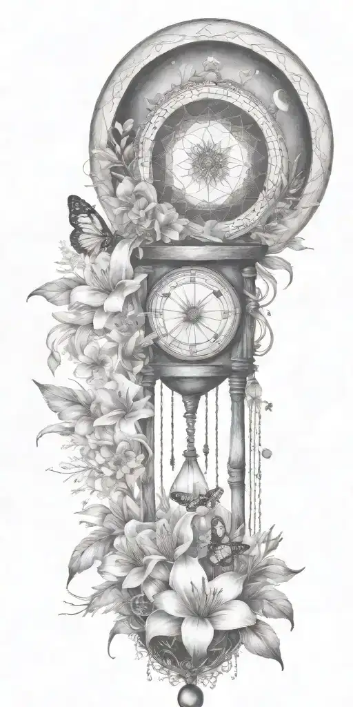 An hourglass moon dream catcher filled with lilies and butterflies Queen Anne's lace  nature tattoo design idea