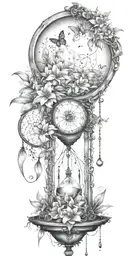 An hourglass moon dream catcher filled with lilies and butterflies Queen Anne's lace  nature tears broken depressed tattoo design idea