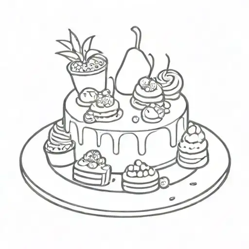 A unique tattoo design featuring a dessert platter with tiny sleeping figures on each treat tattoo design idea