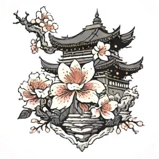 japense temple and blossoms tattoo design idea