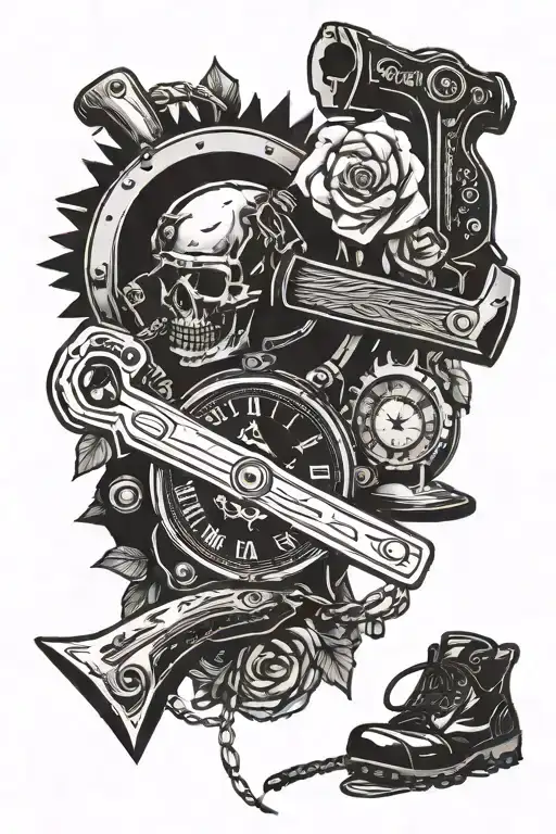 Hand clock and a chainsaw and axe in cursive "God Couldn't make a man any tougher" tattoo design idea