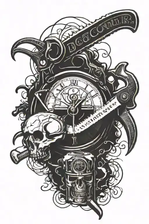 Hand clock and a chainsaw and axe in cursive "God Couldn't make a man any tougher" tattoo design idea