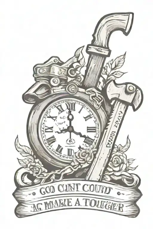 chainsaw and axe in cursive "God Couldn't make a man any tougher"  whole text in tattoo with clock tattoo design idea