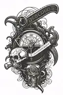 Hand clock and a chainsaw and axe in cursive "God Couldn't make a man any tougher" tattoo design idea